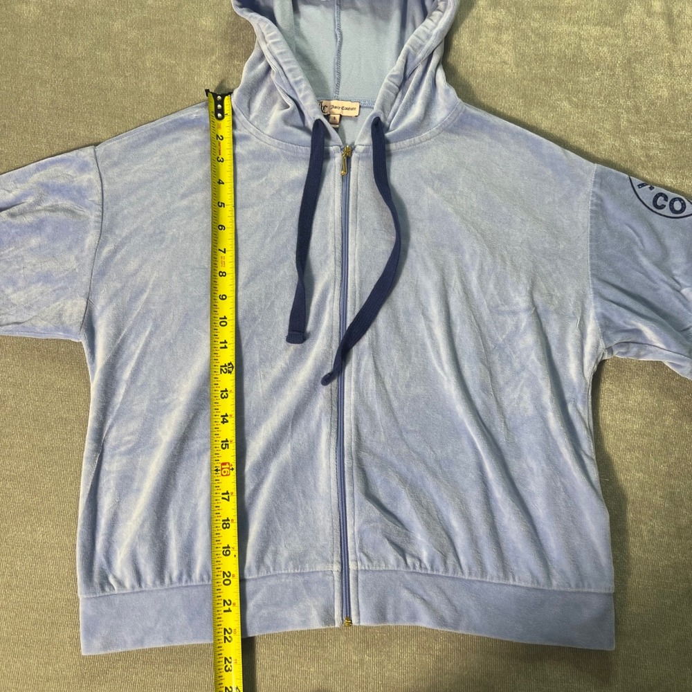 Juicy Couture Velour Short Sleeve Hoodie Blue Rhinestone Logo Zip Up Small - Picture 2 of 8